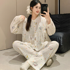 批发100%双层纱布纯棉套装月子服女孕妇睡衣哺乳服夏季孕期可调节家居