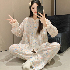 批发100%双层纱布纯棉套装月子服女孕妇睡衣哺乳服夏季孕期可调节家居