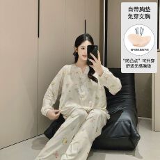 批发固定胸垫春<b class='q'>夏</b>秋款冰瓷棉哺乳孕妇睡衣待产喂奶睡衣套装