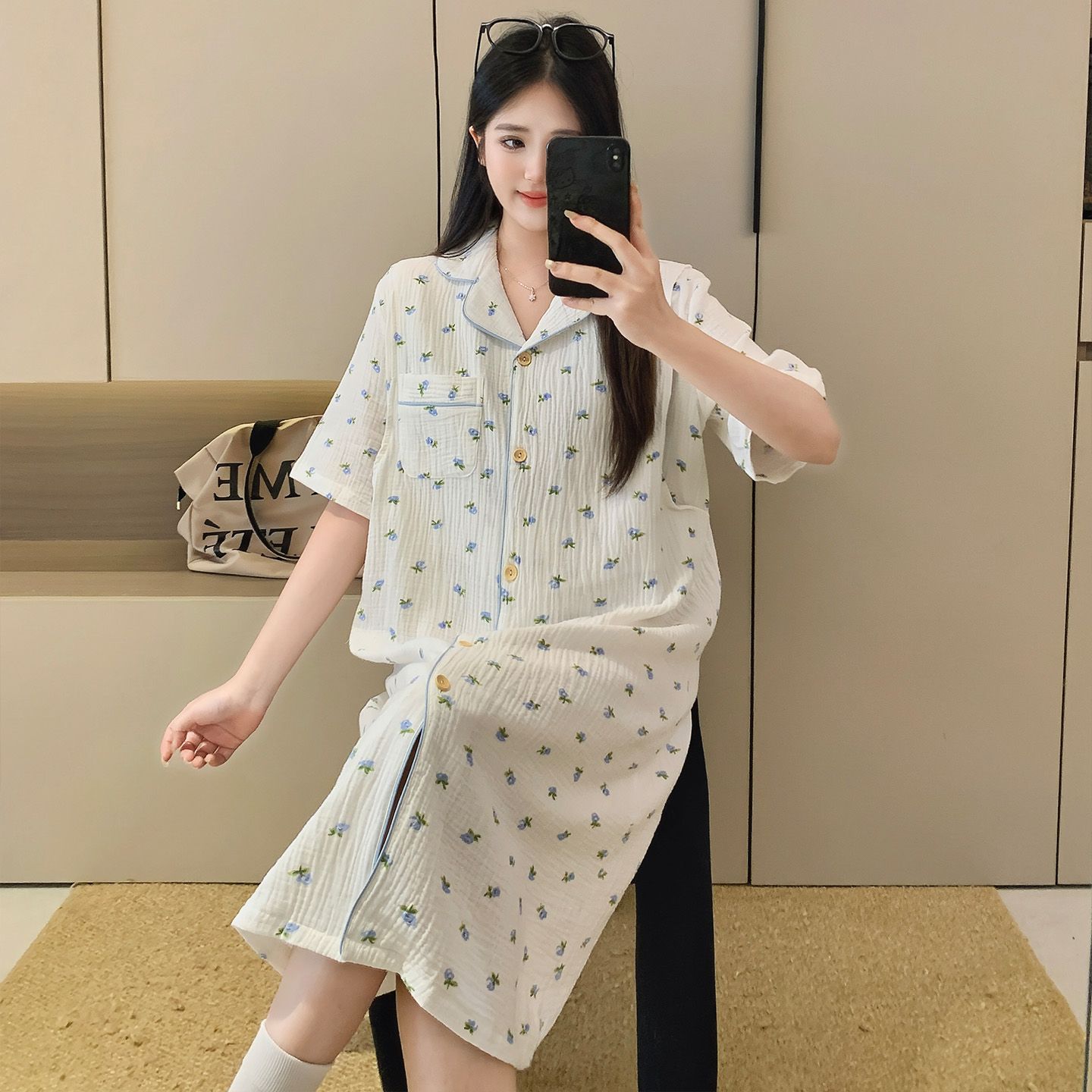 새로운 순면 거즈 달 치마 여름 나이트 드레스 반팔 수유 나이트 드레스 待产 치마 출산 후 먹이주기