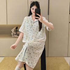 批发新款纯棉纱布月子裙夏季睡裙短袖哺乳睡裙待产裙产后喂奶