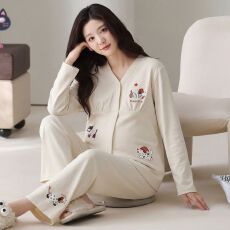批发夏季新款纯棉100%带胸垫和服开衫长袖长裤月子服套装