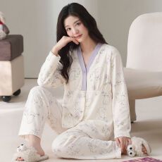 批发夏季新款纯棉100%带胸垫和服开衫长袖长裤月子服套装