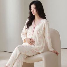 批发夏季新款纯棉100%带胸垫和服开衫长袖长裤月子服套装