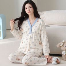 批发夏季新款纯棉100%带胸垫和服开衫长袖长裤月子服套装