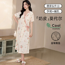 批发孕妇月子服 莫代尔棉<b class='q'>夏</b>季带胸垫孕妈妈中式哺乳裙月子睡裙