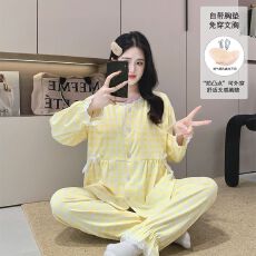 固定胸垫春夏秋款冰瓷棉哺乳孕妇睡衣待产喂奶睡衣套装