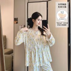 固定胸垫春夏秋款冰瓷棉哺乳孕妇睡衣待产喂奶睡衣套装