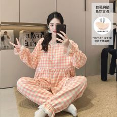 固定胸垫春夏秋款冰瓷棉哺乳孕妇睡衣待产喂奶睡衣套装