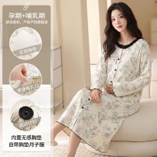 批发孕妇待产裙春秋季纯棉带胸垫一体哺乳月子服薄款大码开衫睡裙<b class='q'>夏</b>天