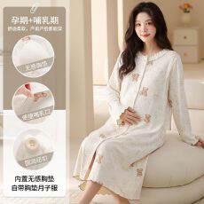 批发孕妇待产裙春秋季纯棉带胸垫一体哺乳月子服薄款大码开衫睡裙<b class='q'>夏</b>天