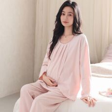 秋季新款纯棉圆领套头双长月子服睡衣女家居服套装