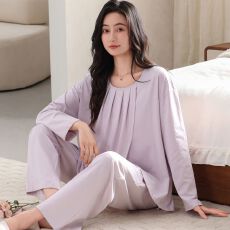 秋季新款纯棉圆领套头双长月子服睡衣女家居服套装