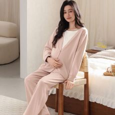 秋季新款95%棉5%氨纶棉拉架假两件圆领套头双长月子服睡衣女套装