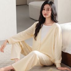 秋季新款95%棉5%氨纶棉拉架假两件圆领套头双长月子服睡衣女套装