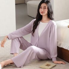 秋季新款95%棉5%氨纶棉拉架假两件圆领套头双长月子服睡衣女套装