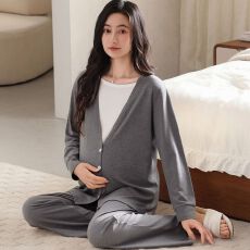 秋季新款95%棉5%氨纶棉拉架假两件圆领套头双长月子服睡衣女套装