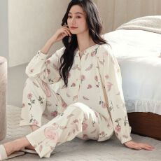 批发<b class='q'>秋</b>季新款纯棉圆领开衫长袖长裤孕妇月子服睡衣女家居服套装