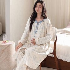 批发秋季新款纯棉圆领开衫双<b class='q'>长</b>孕妇月子服睡衣女家居服套装睡裙+裤子