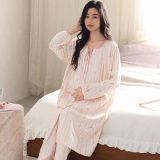 批发秋季新款纯棉圆领开衫双<b class='q'>长</b>孕妇月子服睡衣女家居服套装睡裙+裤子