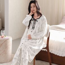 批发秋季新款纯棉圆领开衫双<b class='q'>长</b>孕妇月子服睡衣女家居服套装睡裙+裤子