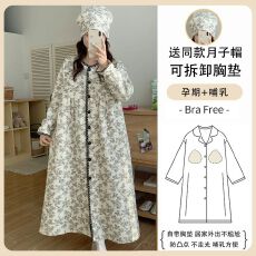 批发送月子帽可拆卸胸垫空气棉夹层哺乳长裙加肥加大孕妇单睡裙可外穿