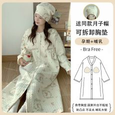 批发送月子帽可拆卸胸垫空气棉夹层哺乳长裙加肥加大孕妇单睡裙可外穿