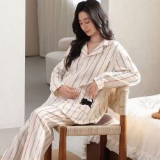 批发<b class='q'>秋</b>季新款纯棉翻领开衫长袖长裤孕妇月子服睡衣女家居服套装