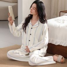 批发<b class='q'>秋</b>季新款纯棉翻领开衫长袖长裤孕妇月子服睡衣女家居服套装