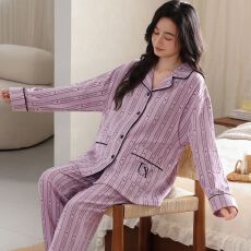 批发<b class='q'>秋</b>季新款纯棉翻领开衫长袖长裤孕妇月子服睡衣女家居服套装