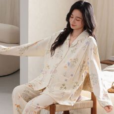 批发<b class='q'>秋</b>季新款纯棉翻领开衫长袖长裤孕妇月子服睡衣女家居服套装