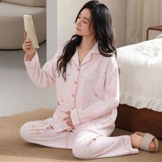批发<b class='q'>秋</b>季新款纯棉翻领开衫长袖长裤孕妇月子服睡衣女家居服套装