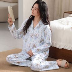 批发<b class='q'>秋</b>季新款纯棉翻领开衫长袖长裤孕妇月子服睡衣女家居服套装