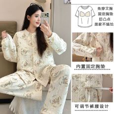 批发不起球<b class='q'>冬</b>季抗菌带胸垫空气棉夹层孕妇睡衣女哺乳喂奶月子服套装