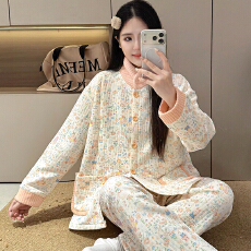 批发不起球<b class='q'>冬</b>季夹层抗菌空气棉夹层孕妇睡衣女哺乳喂奶月子服套装
