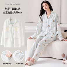 批发带胸垫纯棉孕妇睡衣女士春秋<b class='q'>冬</b>季长袖侧开产后月子服卡通家居服