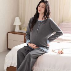 秋季新款95%棉5%氨纶棉拉架带胸垫圆领套头双长月子服睡衣女套装