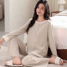 秋季新款95%棉5%氨纶棉拉架带胸垫圆领套头双长月子服睡衣女套装