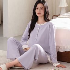 秋季新款95%棉5%氨纶棉拉架带胸垫圆领套头双长月子服睡衣女套装