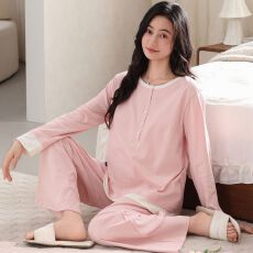 秋季新款95%棉5%氨纶棉拉架带胸垫圆领套头双长月子服睡衣女套装