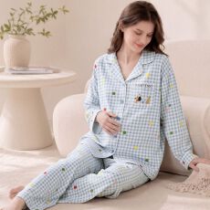 批发秋季新款纯棉带胸垫翻领开衫长袖长裤<b class='q'>月子</b>服孕妇<b class='q'>睡衣</b>女家居服套装