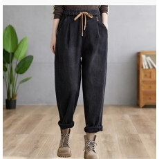 批发冬季宽松大码水洗松紧腰绑绳加绒加厚弹力<b class='q'>牛仔</b><b class='q'>哈伦裤</b>女