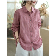 批发棉麻时尚条纹衬衫女大码宽松2026新款妈妈春装休闲长袖短<b class='q'>上衣</b>