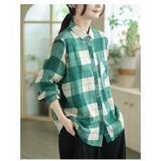 批发文艺<b class='q'>棉麻</b>格子长袖衬衫女春季新款POLO领显瘦气质减龄休闲百搭衬衣