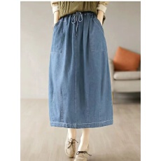 批发夏季纯色全棉牛仔半身裙女拼接中长款松紧腰A字版裙子