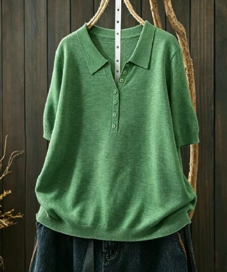 아마 혼방 POLO 칼라 니트 반팔 여성 여름 루즈핏 단색 얇은 스타일 통기성 다용도 캐주얼 폴로 칼라 맨위