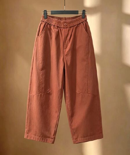 빅 사이즈 워싱 면 캐주얼 바지 여성 허리밴드 루즈핏 표지 고기 넓은 다리 길이 바지 중년 엄마 슬림해 보이는 다용도 바지