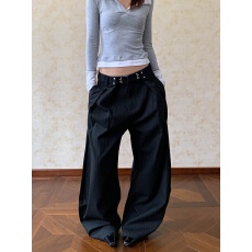 批发美式复古条纹褶皱弯刀西裤女cleanfit廓形高级感休闲裤子