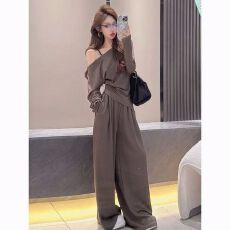 批发韩系露肩不规则长袖上衣套装女气质小众新款高腰<b class='q'>显瘦</b>阔腿裤两件套