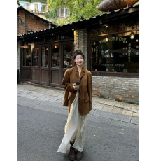 批发麂皮西装外套女2025春秋季新款美拉德棕色高级感小个子咖色上衣